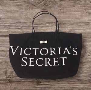 Victoria's Secret Black Classic Travel Tote Bag Pink Writing Logo